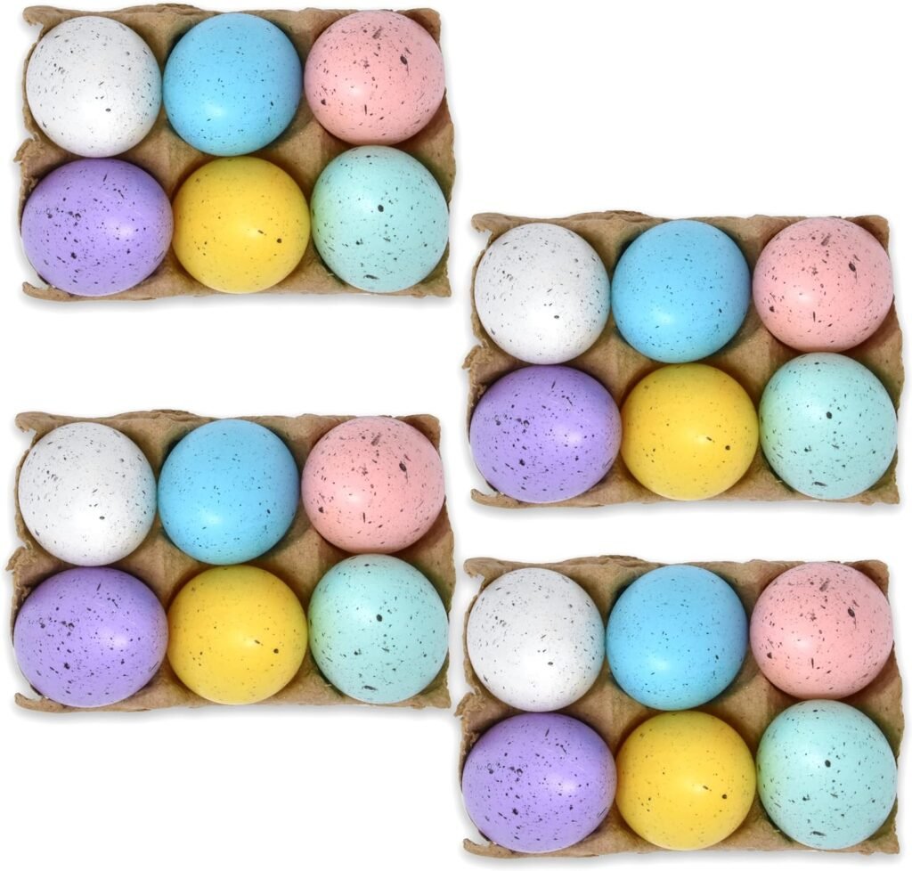 Gift Boutique 24 Decorative Speckled Easter Eggs in Foam Egg Carton 4 Crate Trays with 6 Fake Eggs with Raffia Bow Multicolored Pastel Kitchen Decoration for Adult Boy Girl Party Favor Craft Supplies