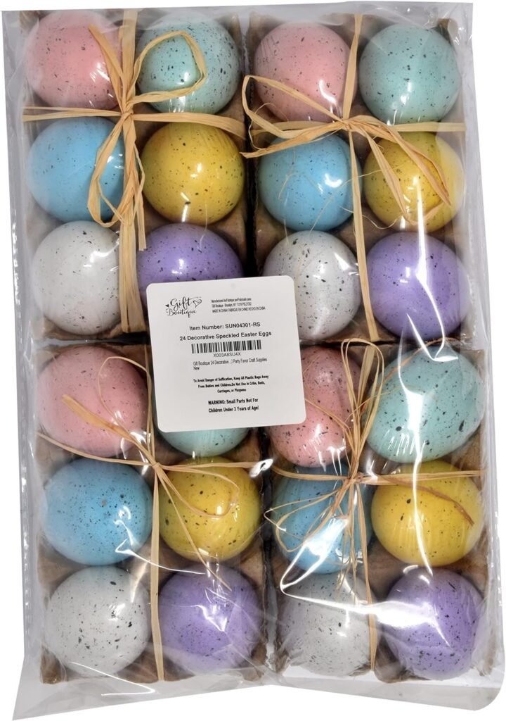 Gift Boutique 24 Decorative Speckled Easter Eggs in Foam Egg Carton 4 Crate Trays with 6 Fake Eggs with Raffia Bow Multicolored Pastel Kitchen Decoration for Adult Boy Girl Party Favor Craft Supplies