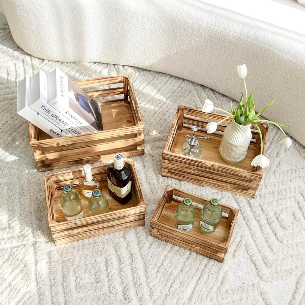 JUMBO HUMBLE Set of 4 Large Wooden Decorative Storage Crates, Whitewashed Nesting Wooden Crates for Display Rustic, Farmhouse Wooden Storage Container Boxes Made from 100% Wood