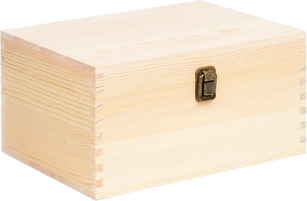 Kingcraft Extra Large Rectangle Unfinished Pine Wood Box Natural DIY Craft with Hinged Lid and Front Clasp for Arts Hobbies and Home Storage-13.8x9.9x6.7 Inches