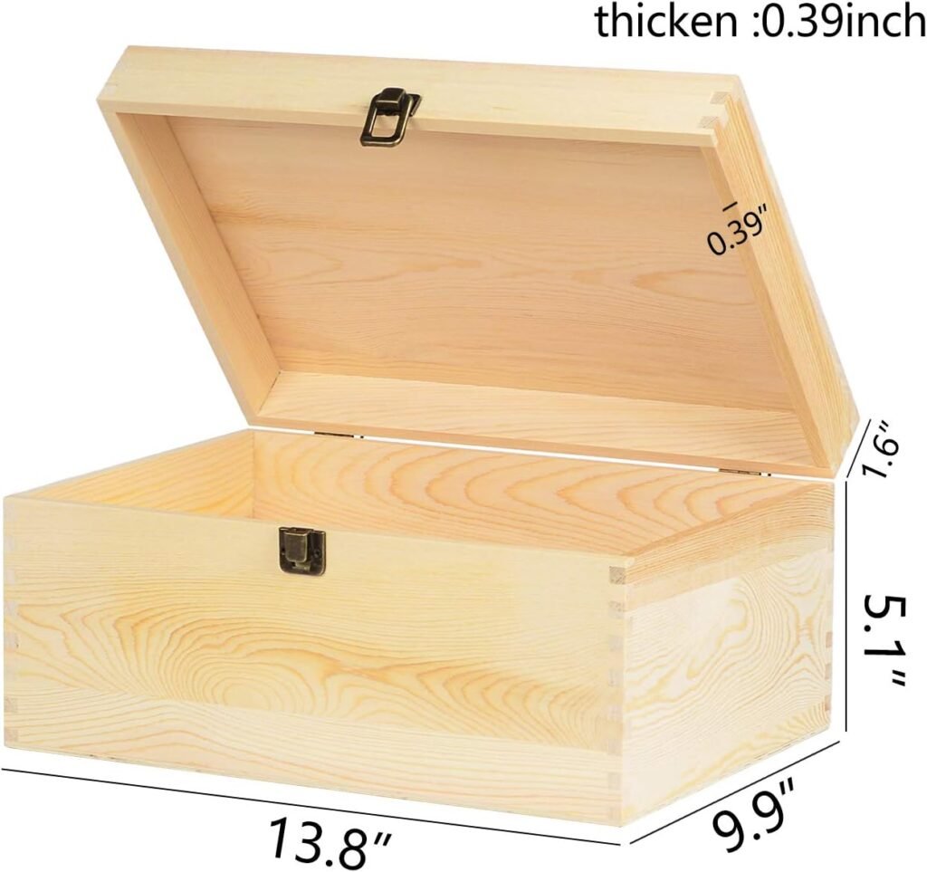 Kingcraft Extra Large Rectangle Unfinished Pine Wood Box Natural DIY Craft with Hinged Lid and Front Clasp for Arts Hobbies and Home Storage-13.8x9.9x6.7 Inches