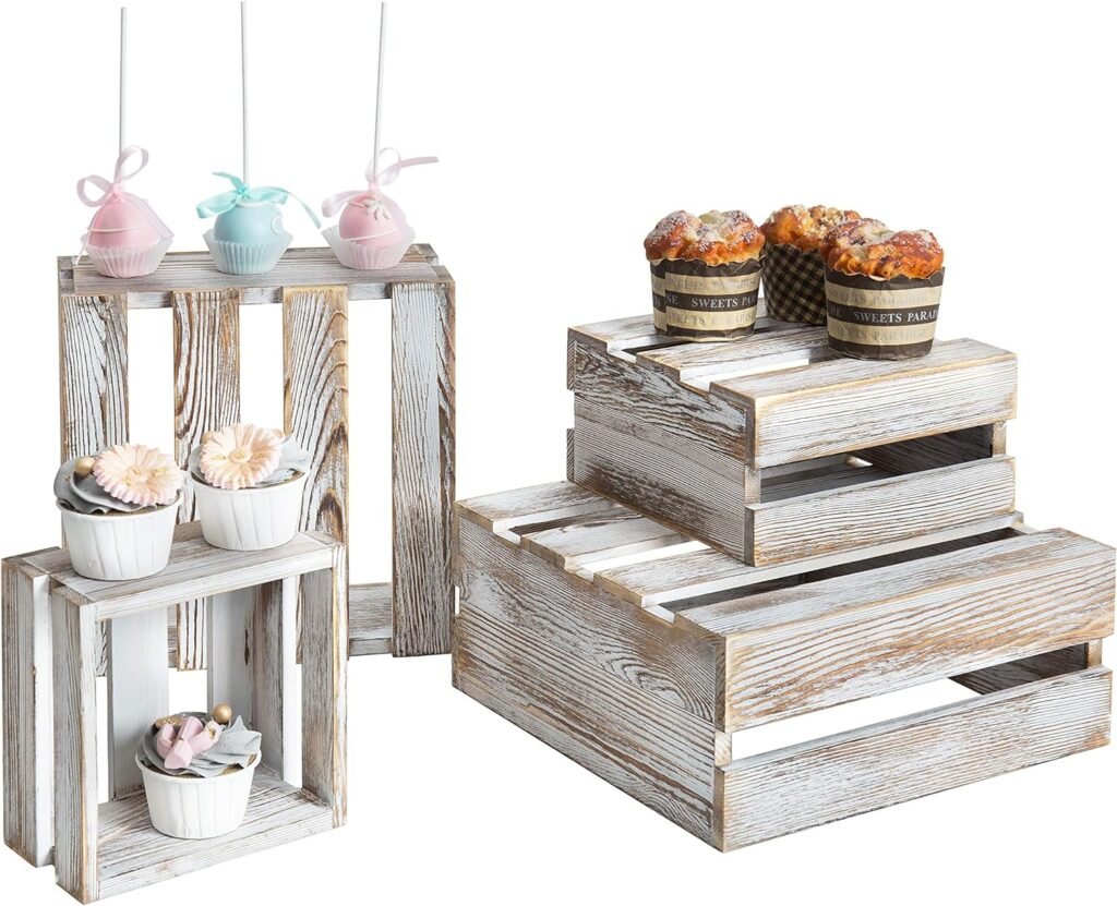 MyGift Whitewashed Wood Cupcake Stands, Decorative Dessert or Appetizer Risers, Wooden Nesting Storage Crates, Set of 4