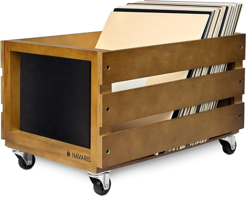 Navaris Wood Record Crate with Wheels - Vinyl Album Storage Holder Box Wooden Case with Chalkboard Sign Board - Holds up to 80 LP Records - White