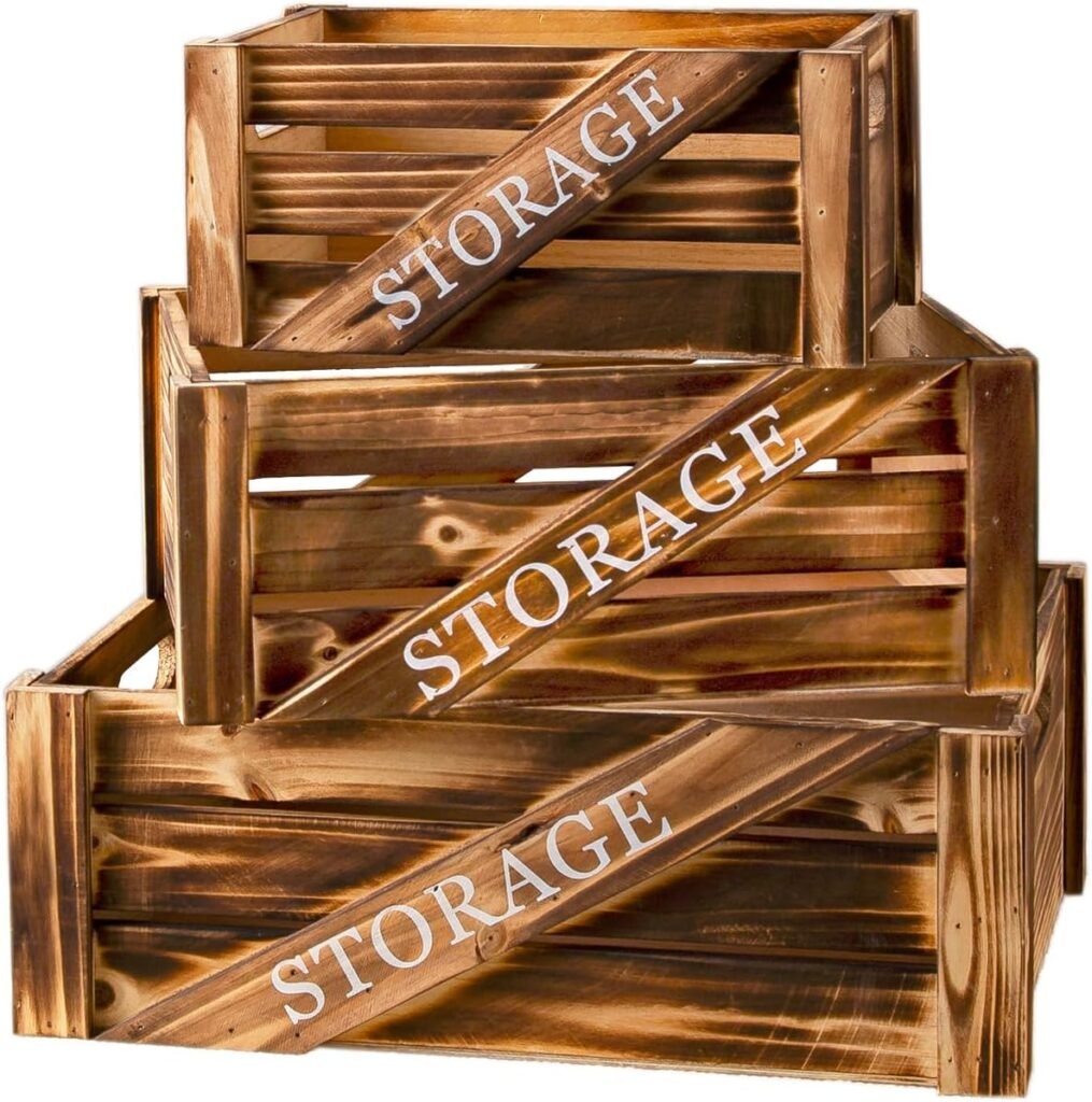 Set of 3 Large Decorative Burnt Wood Wooden Crates, Rustic Nesting Storage Wood Crate Boxes with Handles, Farmhouse Stackable Wooden Containers for Display (Rustic Brown)
