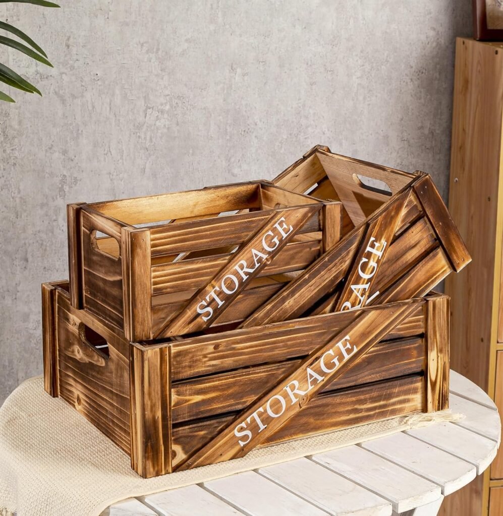 Set of 3 Large Decorative Burnt Wood Wooden Crates, Rustic Nesting Storage Wood Crate Boxes with Handles, Farmhouse Stackable Wooden Containers for Display (Rustic Brown)