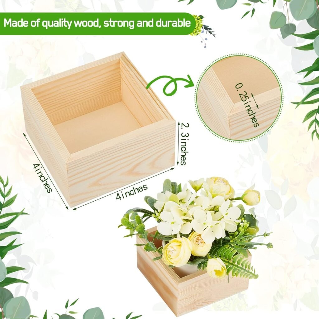 Unfinished Wood Box 4 x 4 Rustic Wooden Boxes for Table Centerpieces Wooden Boxes for Craft Wooden Crate Small Square Wood Boxes for Wedding Flowers Holder Home Decor(16 Pcs)