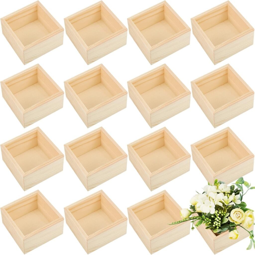 Unfinished Wood Box 4 x 4 Rustic Wooden Boxes for Table Centerpieces Wooden Boxes for Craft Wooden Crate Small Square Wood Boxes for Wedding Flowers Holder Home Decor(16 Pcs)