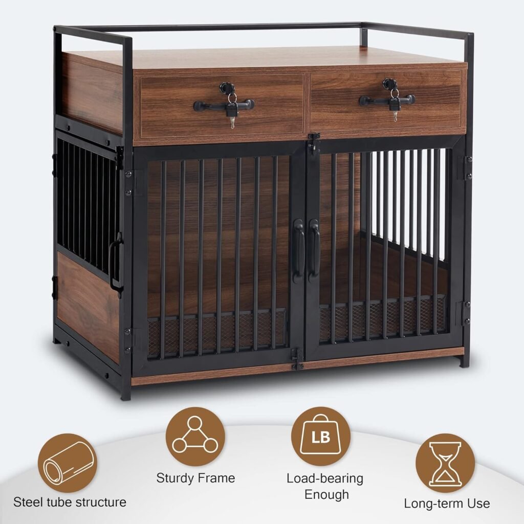 MCombo Furniture Style Dog Crate, Wooden Dog Crate End Table, Double Doors Dog Kennel with Storage Drawers, 0649 (Brown)