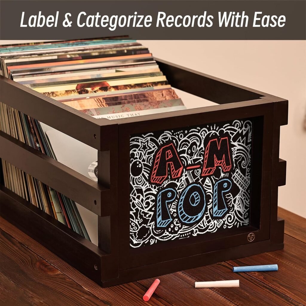 Vinyl Record Storage Crate Organizer Display Extra Large will hold 100 records with Chalkboard + Chalk. Album vintage record holder storage vinyl display decor milk crate box decoration bin