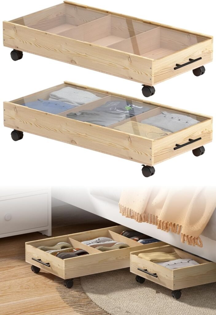 2-Pack Solid Wood Under Bed Storage Drawer with Lids, Wheels, Handles - Divided Underbed Cabinet for Closet - Wooden Crate Organizer for Clothes - Underneath Container Fit for Any Bed Size