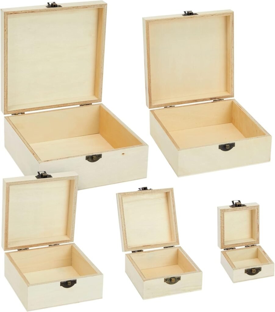 Juvale Set of 5 Unfinished Wooden Boxes for Crafts - Wood Nesting Boxes with Hinged Lids for Small Item Storage (5 Sizes)