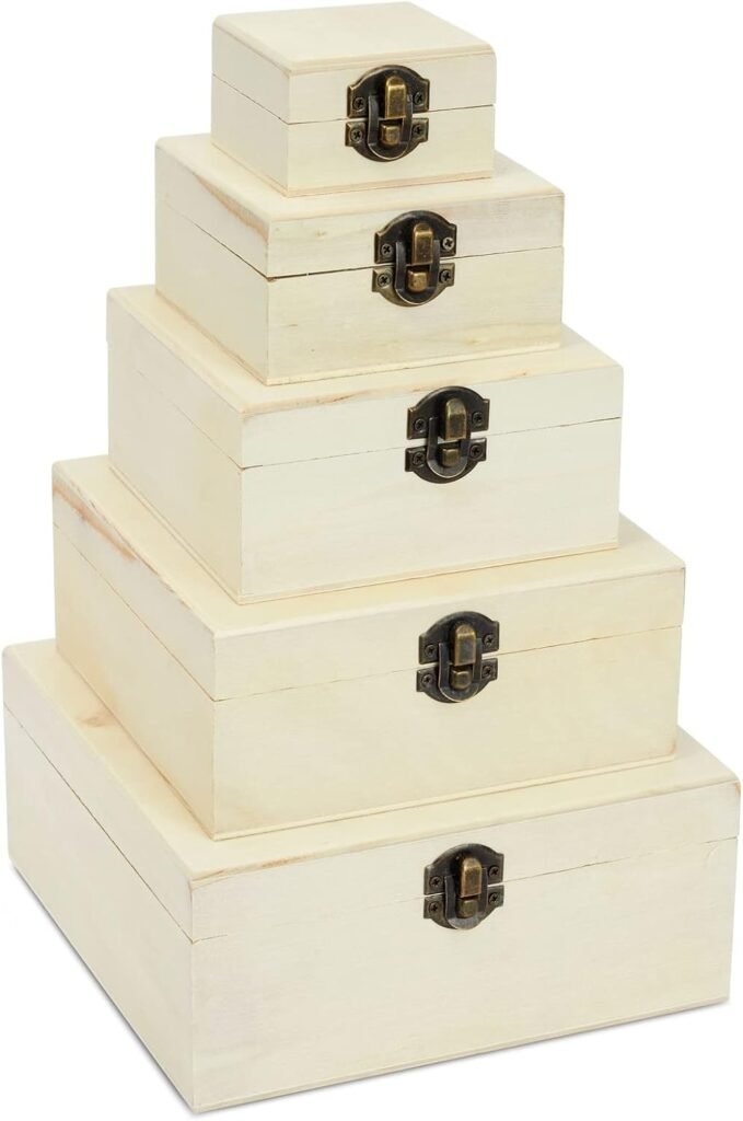 Juvale Set of 5 Unfinished Wooden Boxes for Crafts - Wood Nesting Boxes with Hinged Lids for Small Item Storage (5 Sizes)