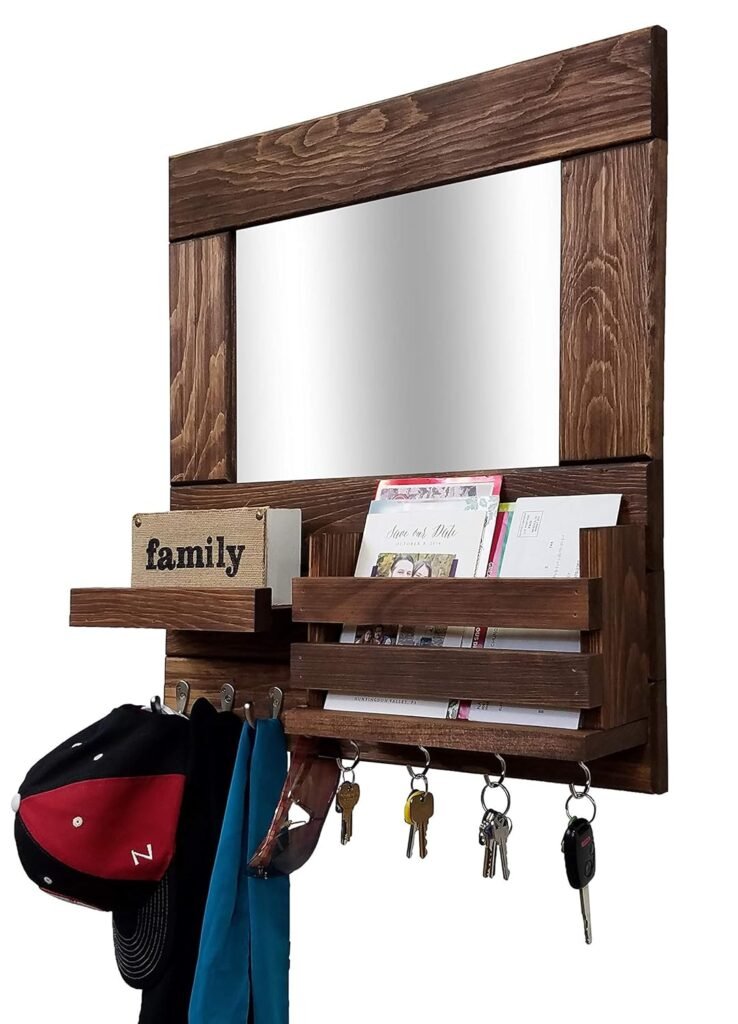 Bristol Organizer, Mirror, Mail Holder, Shelf with Hooks, 20 Stain Colors - Key Holder Wall Shelf, Decorative Mirror, Farmhouse Entryway Mirror Wall Organizer  Shelf, Wooden Mail Organizer